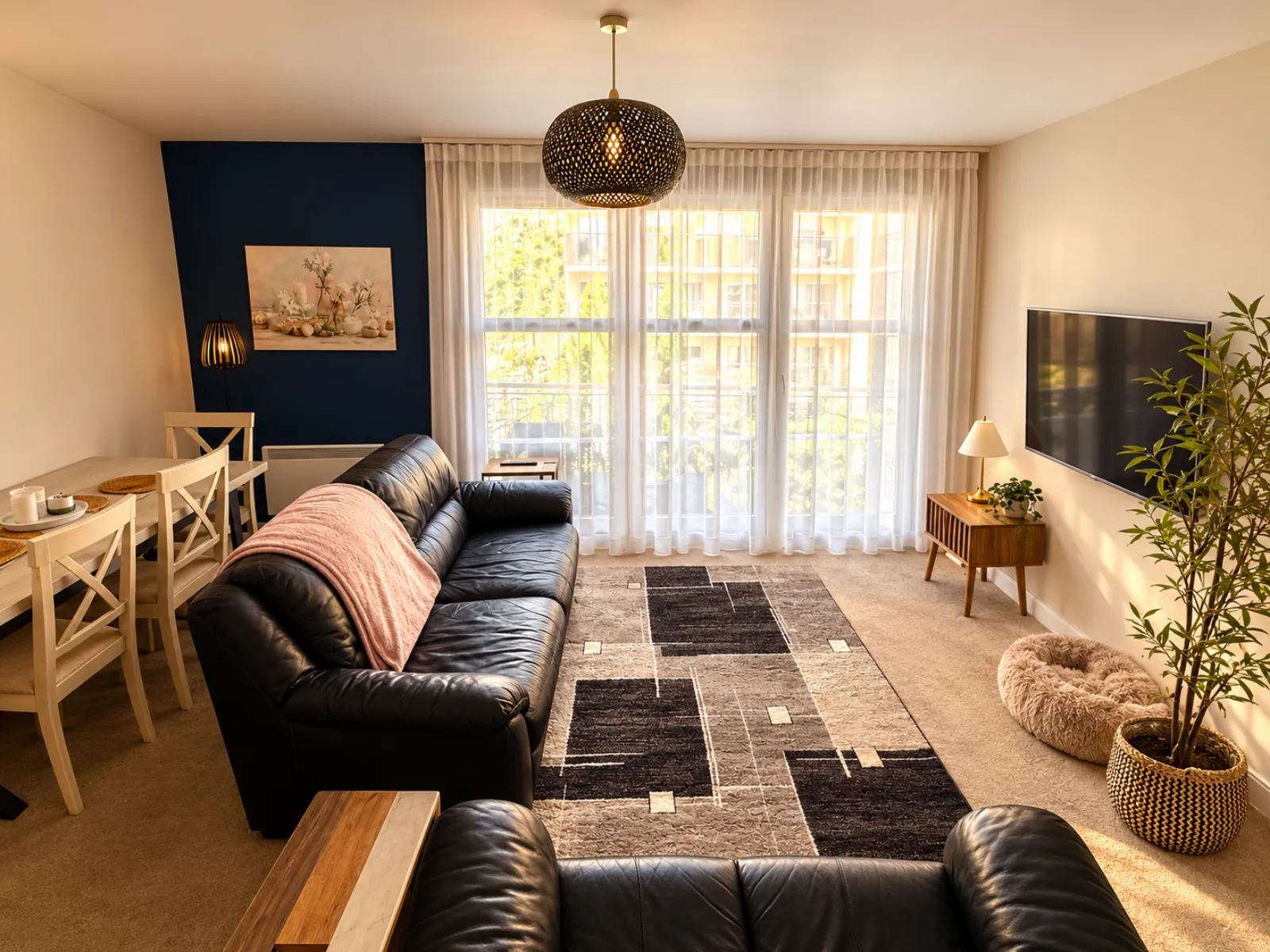 A London living room after a clean, sofa, rug and surfaces clear